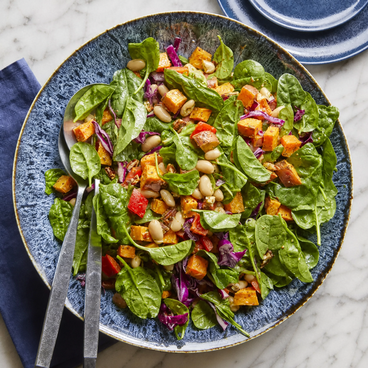 Spenatsallad med rostad sötpotatis, vita bönor och basilika