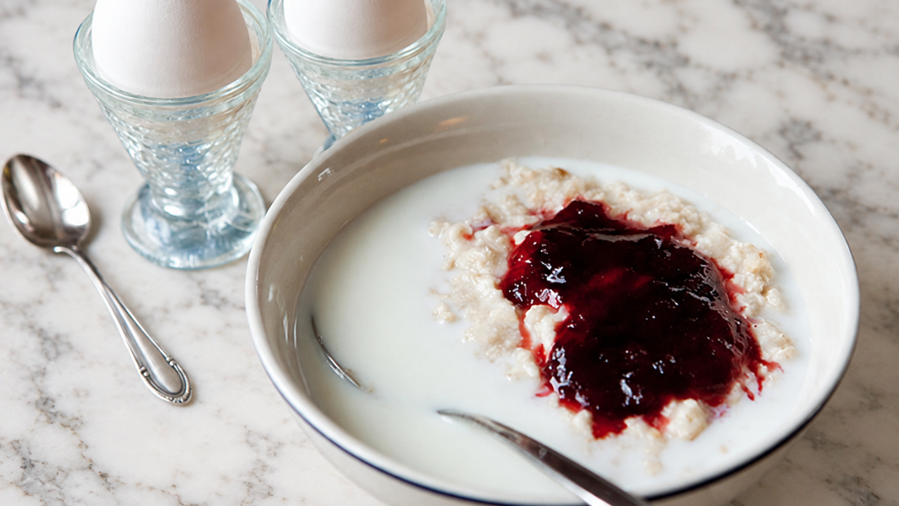 Glutenfri havregrynsgröt med bär och mandeldryck, 2 kokta ägg