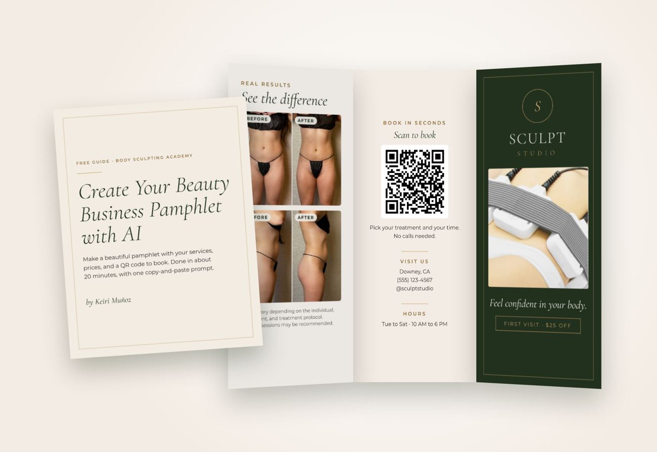 Beauty business pamphlet guide and tri-fold example with before and after photos