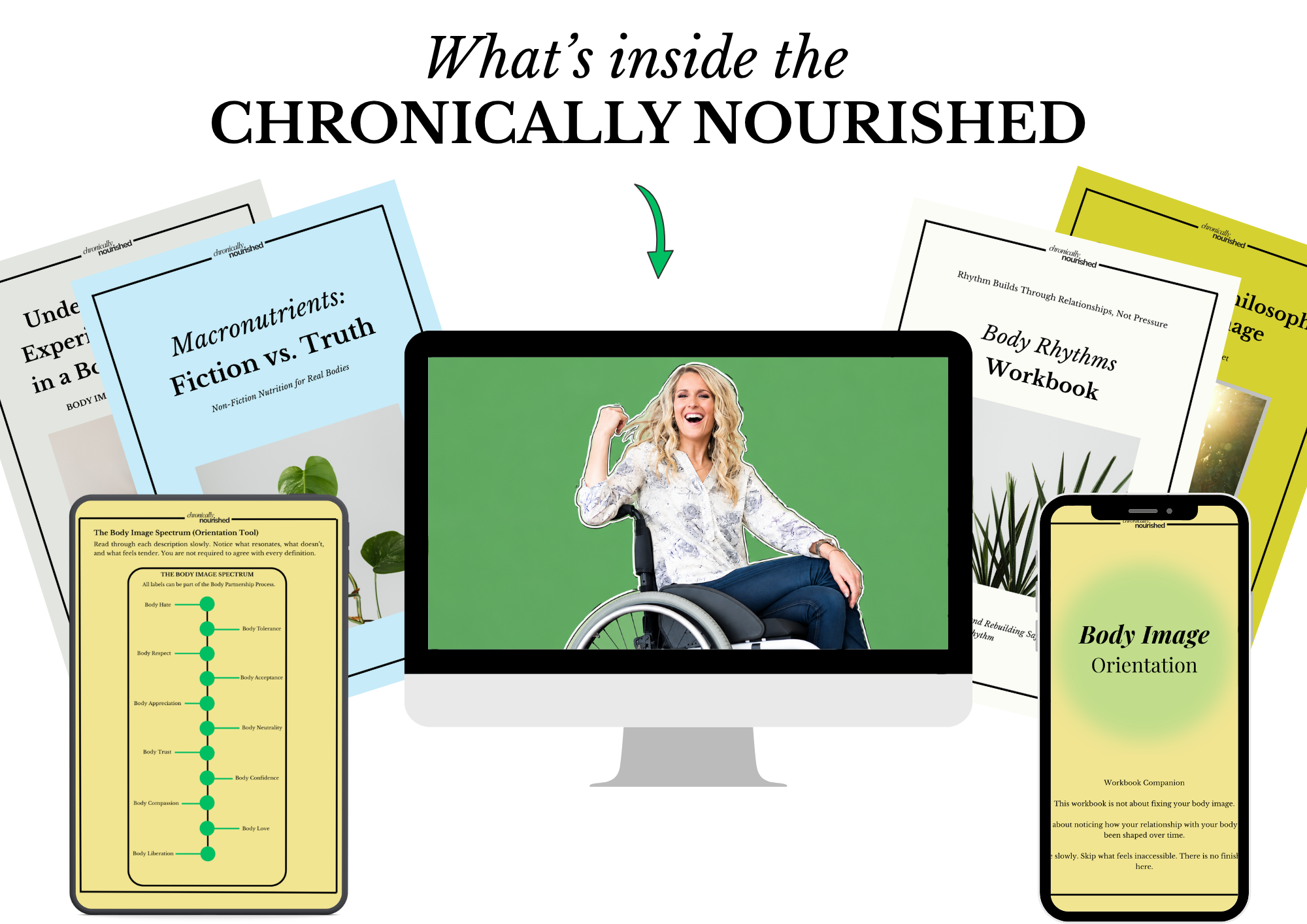Preview of what's inside the Chronically Nourished program: weekly workbooks, modules, and a photo of Anna Sweeney, your Food and Body Image Coach