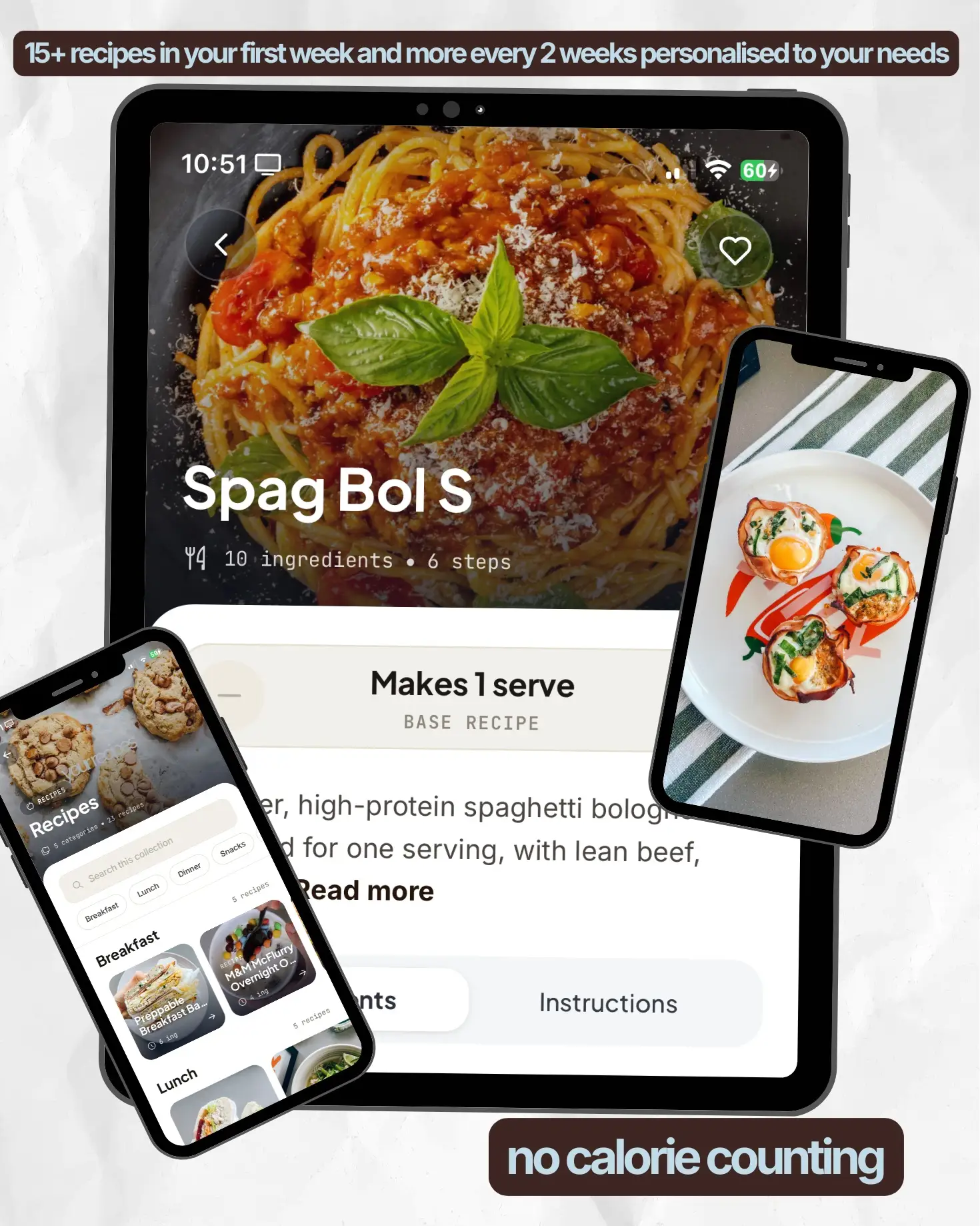 Recipe app showing a high-protein spaghetti bolognese - no calorie counting
