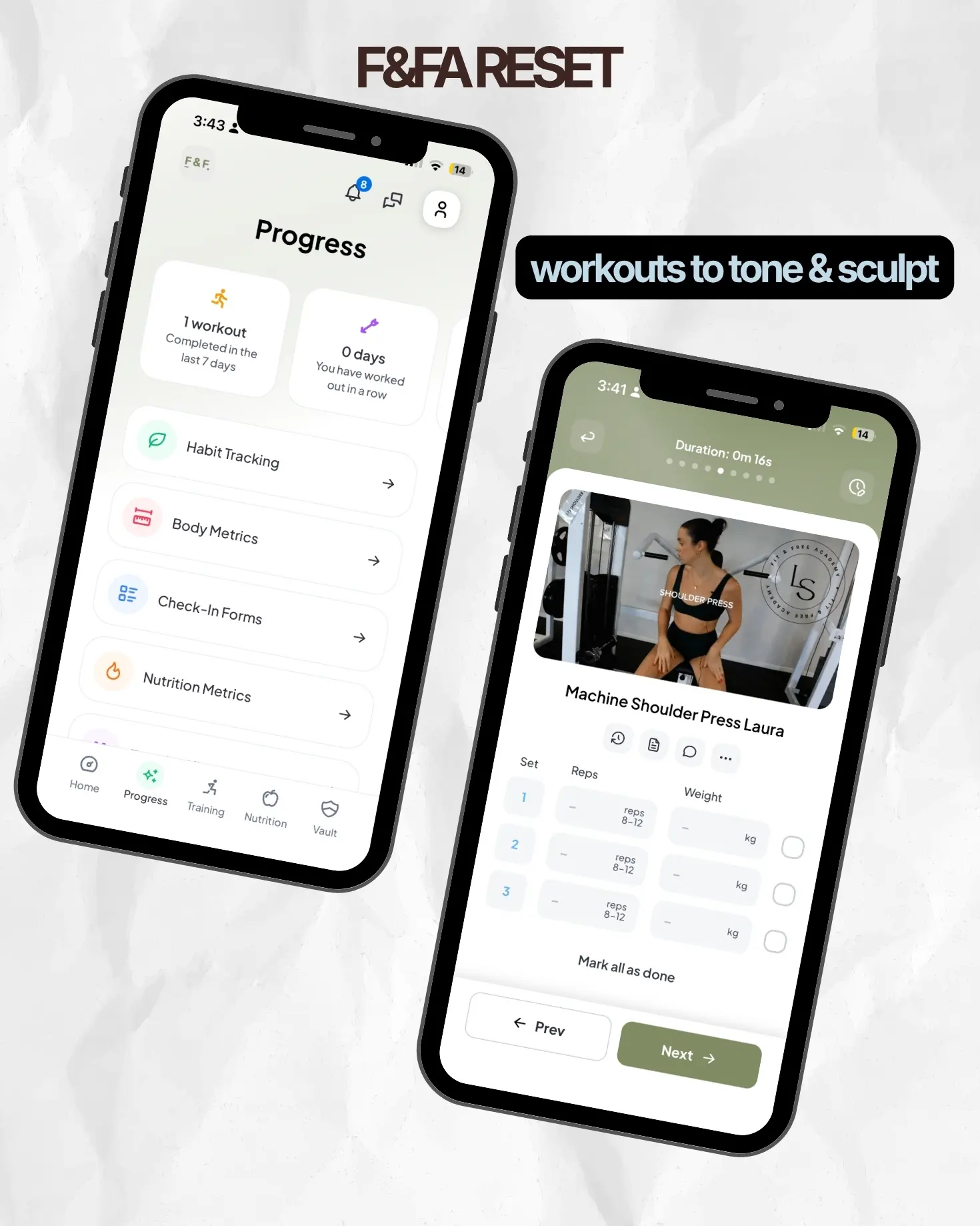 App progress tracking and workout screens - workouts to tone and sculpt