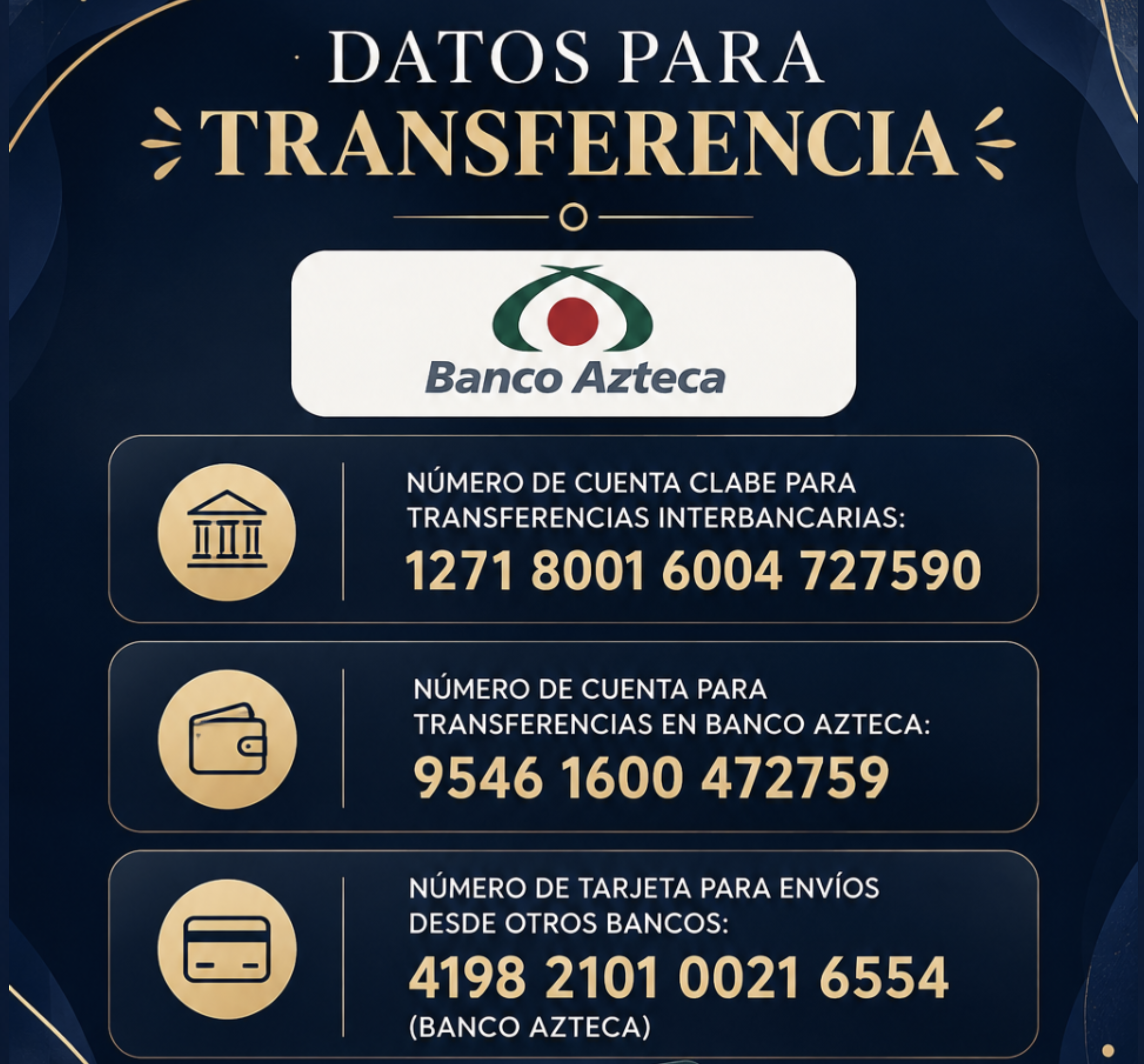 Datos para transferencia bancaria del Instituto Ausubel: Banco Azteca, CLABE interbancaria, número de cuenta y tarjeta para envíos desde otros bancos