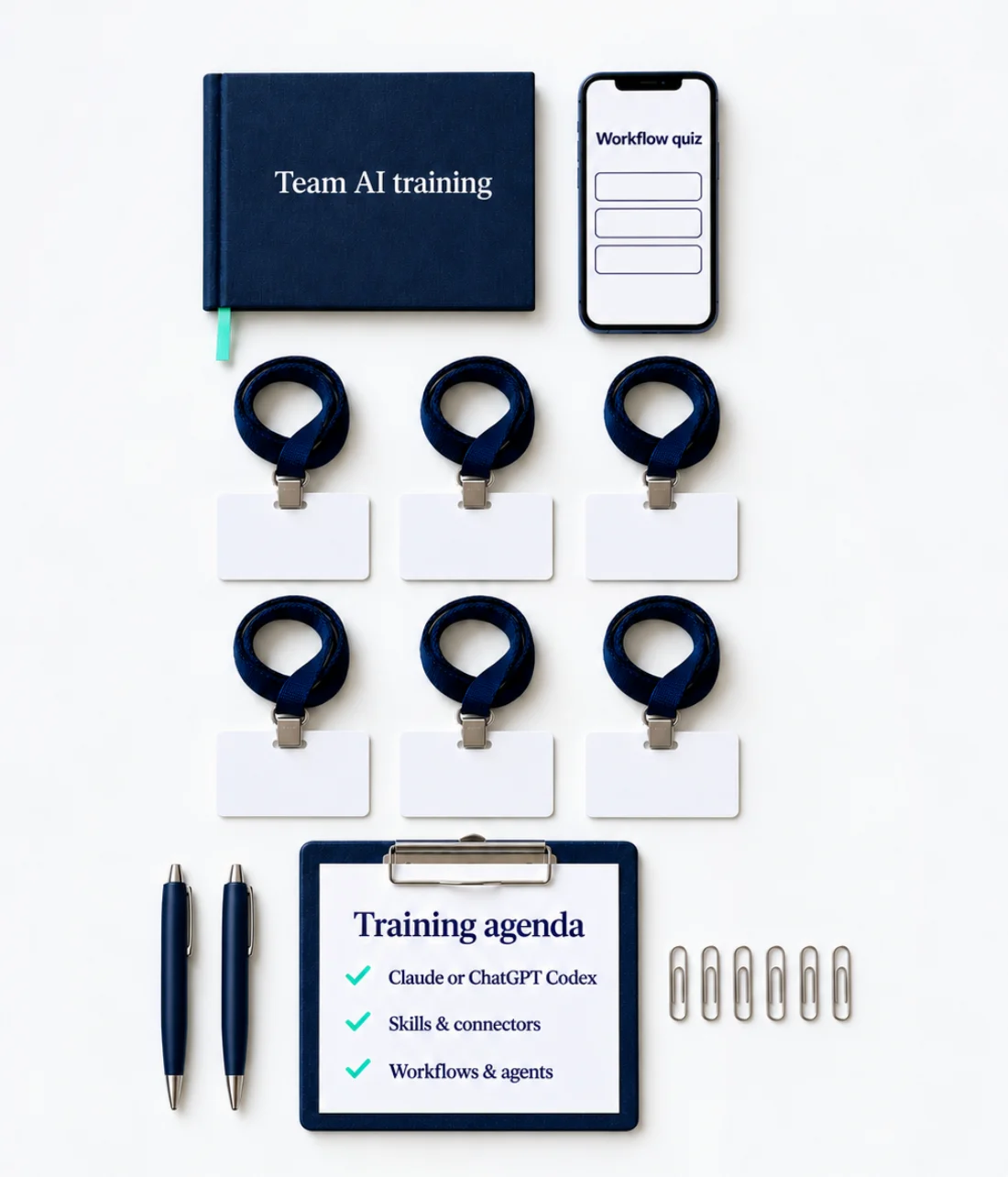 Team AI training as a flat-lay: a workflow quiz on a phone, six team lanyards, a Team AI training book and a training agenda covering Claude or ChatGPT Codex, skills and connectors, workflows and agents