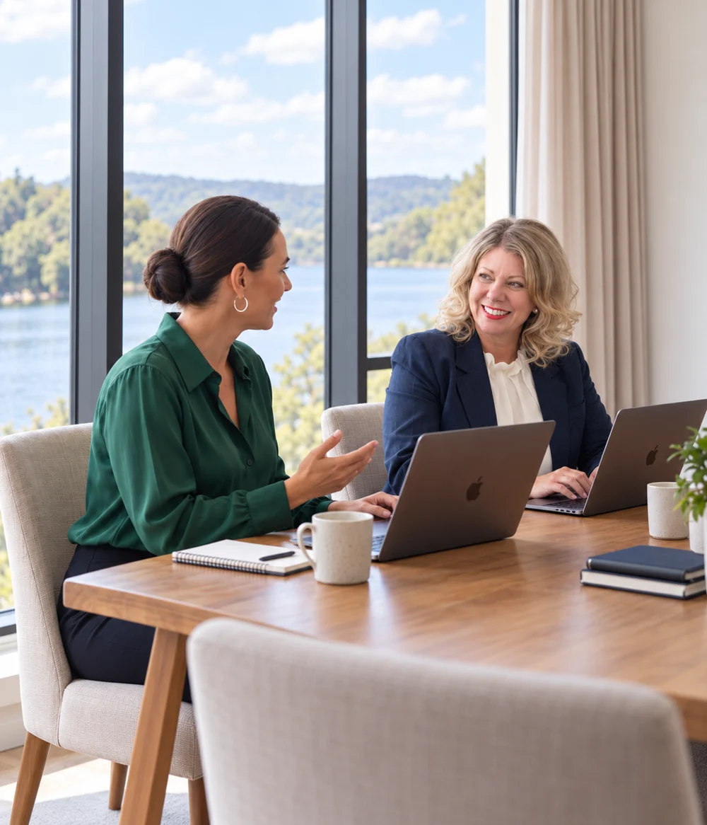 Deb Szabo smiling during an in-person strategy day while her client talks through her business across the table