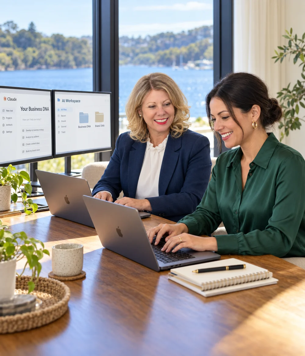 Deb Szabo and a client typing side by side at their laptops during a VIP Immersion, with the AI Workspace open on the screen