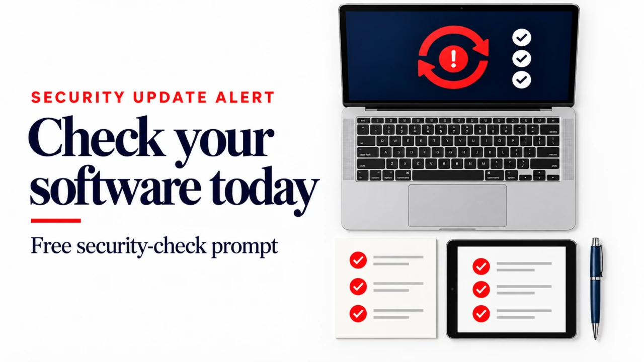 Security update alert: laptop with an update warning, tablet and paper checklists beside the text “Check your software today” and “Free security-check prompt”.