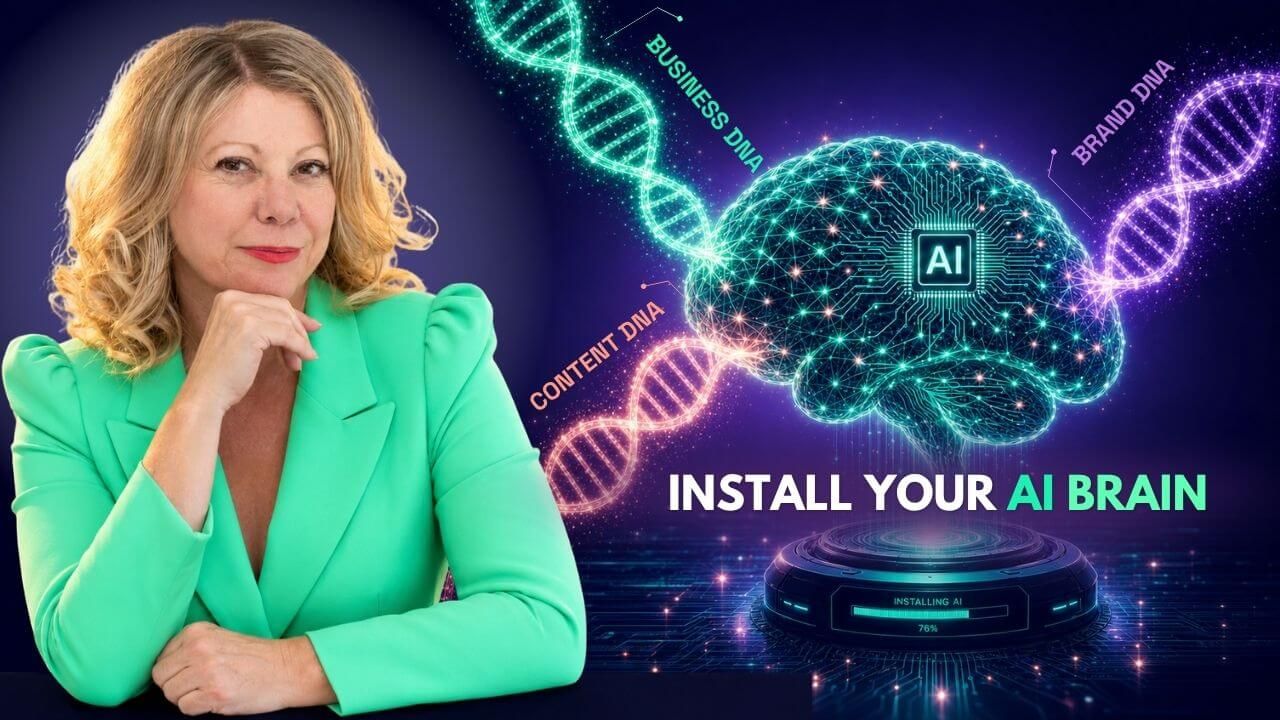 Deb Szabo, AI Marketing Strategist, alongside a holographic AI brain installation showing the four-layer architecture: Business DNA, Brand DNA, Content DNA, and Business Bestie Custom Instruction