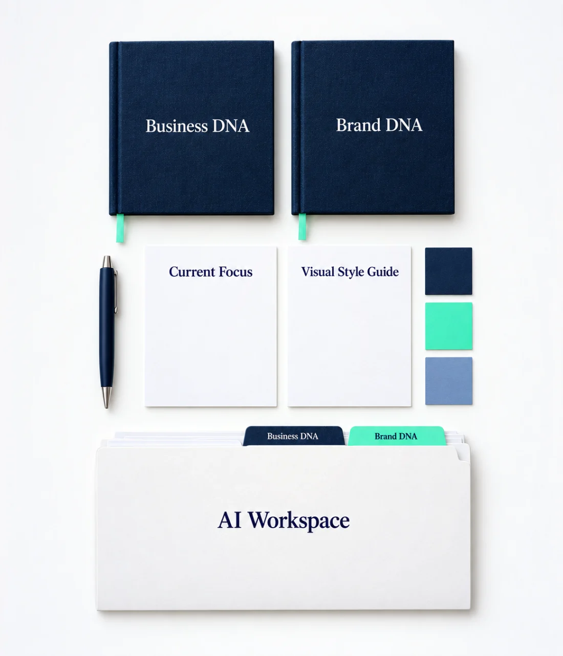 What's inside AI Brain for Business: Business DNA and Brand DNA books, Current Focus and Visual Style Guide cards, and an AI Workspace folder