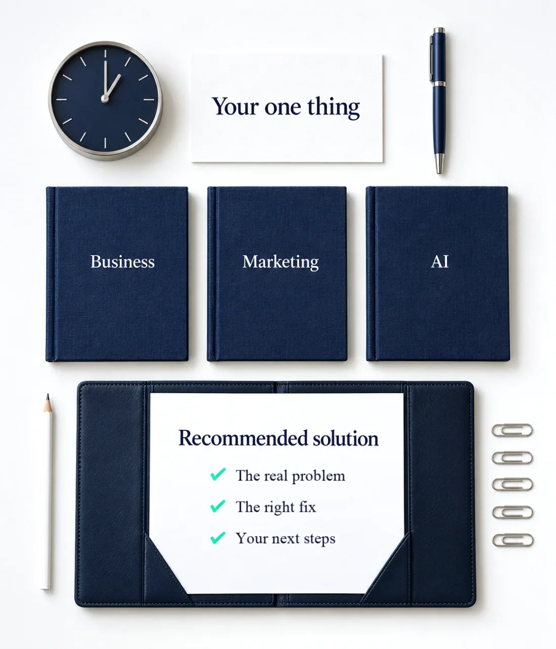 AI Business Power Hour as a flat-lay: a clock, a Your one thing card, Business, Marketing and AI notebooks, and a folio with a recommended solution and next steps
