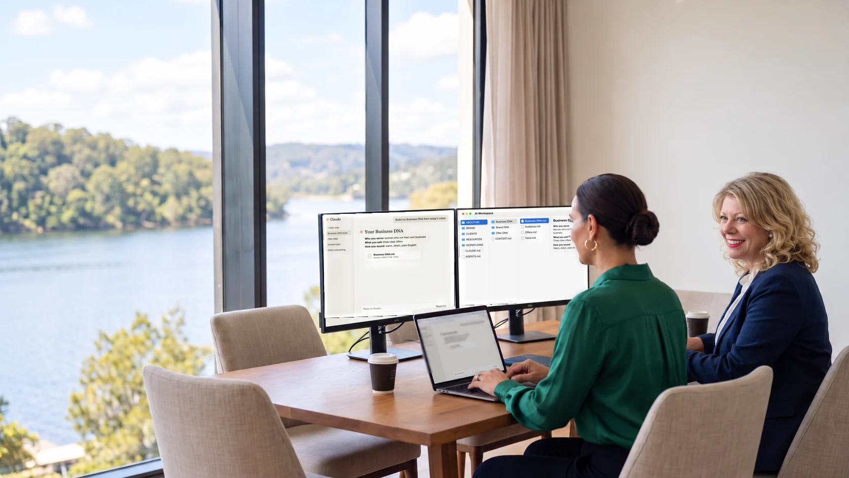 Deb Szabo working with a client at two screens during a VIP Immersion session, with a river view through the window