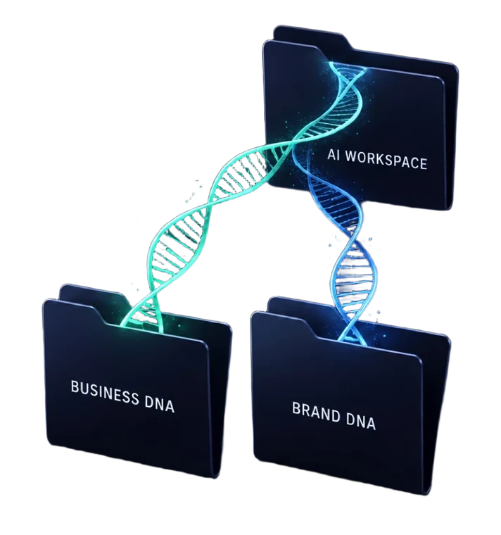 Three folders labelled Business DNA, Brand DNA and AI Workspace, joined by two glowing DNA strands