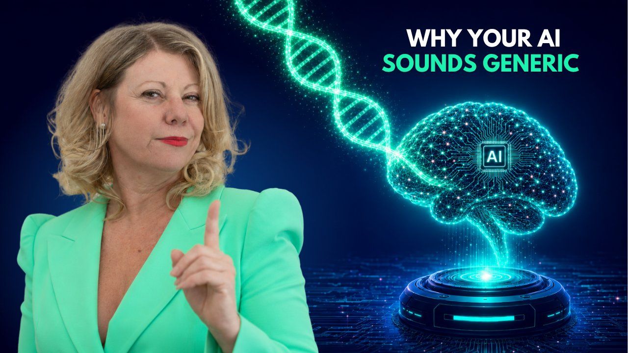 Deb Szabo in a mint-green blazer with a raised finger beside a glowing AI brain fed by a green Business DNA helix, with the headline Why Your AI Sounds Generic.