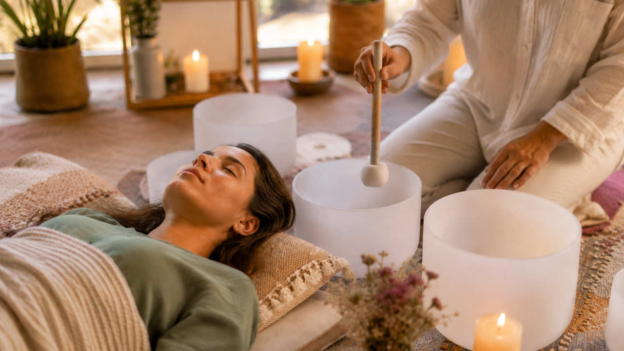 Woman relaxing during a crystal singing bowl sound healing session.