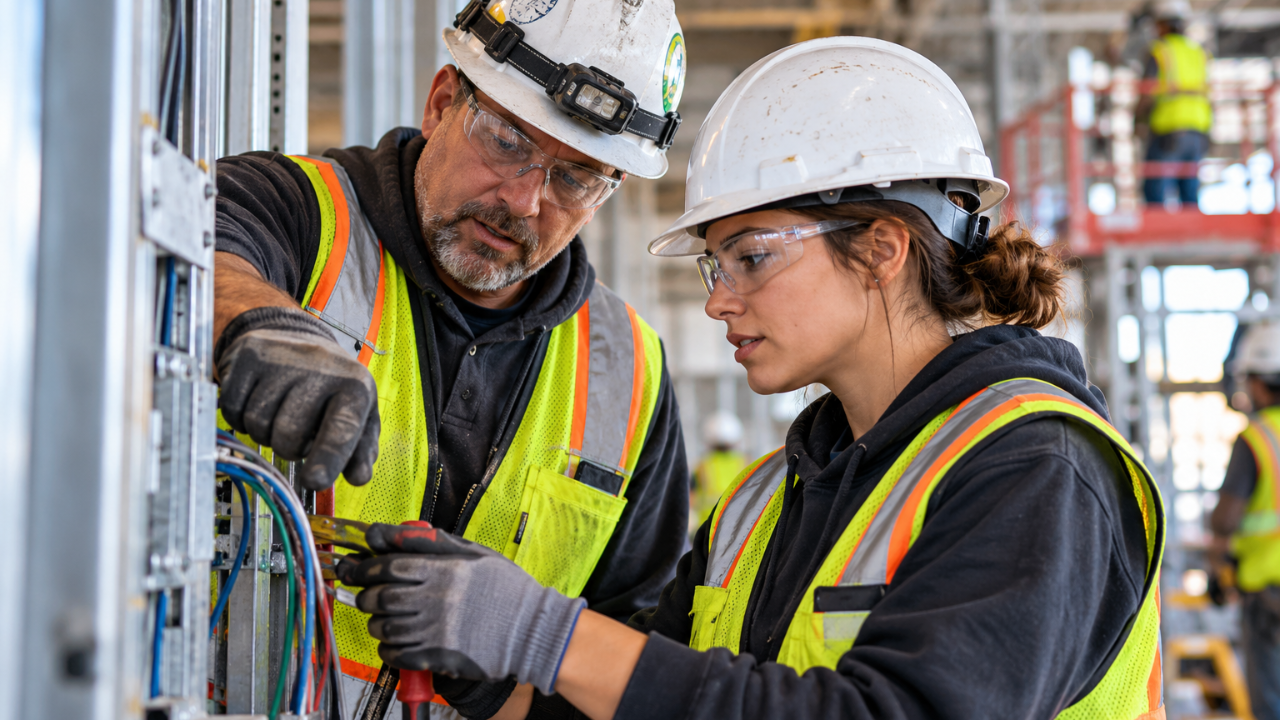 Experienced construction professional mentoring an apprentice on a commercial construction project."