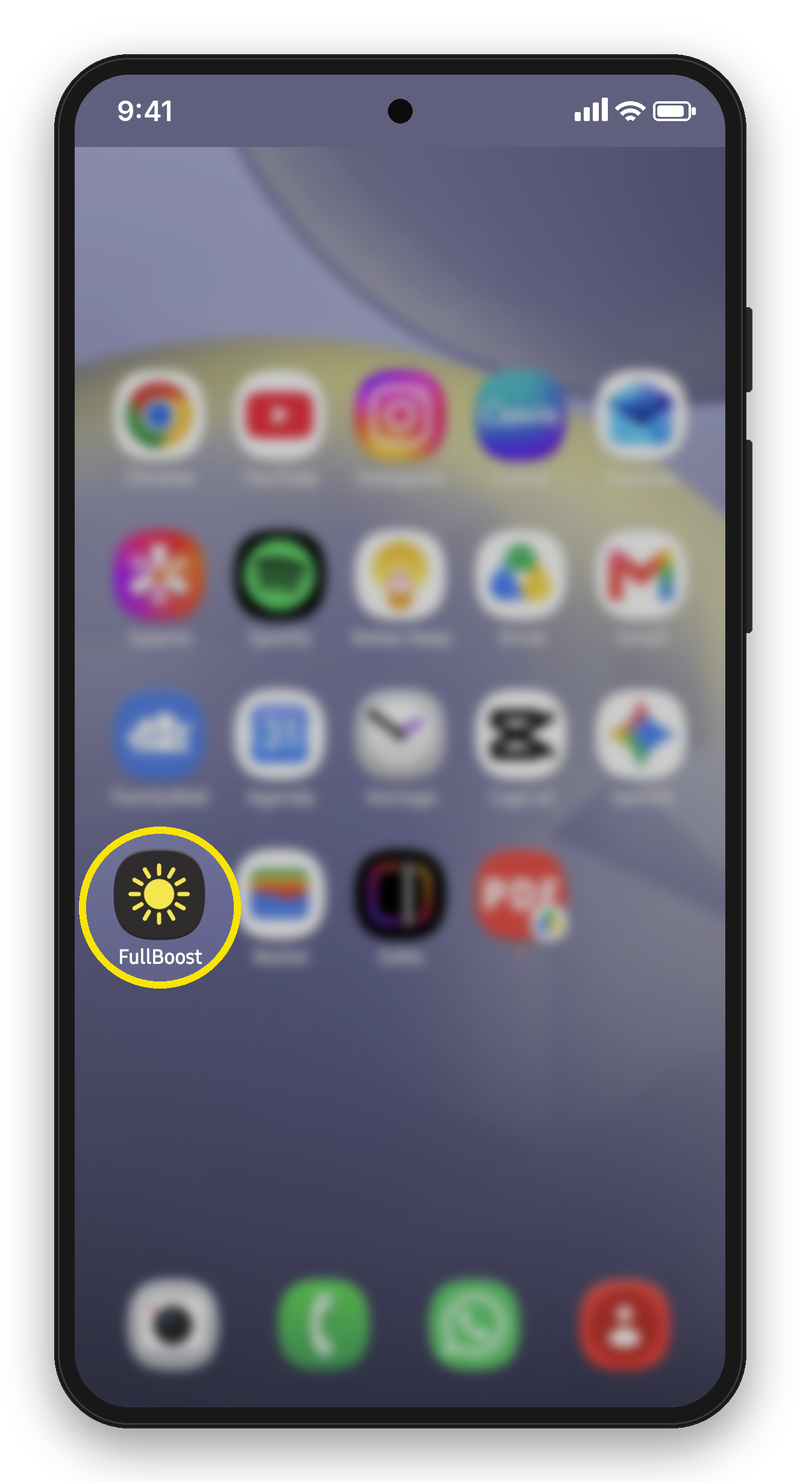 L'icône soleil FullBoost sur l'écran d'accueil d'un téléphone