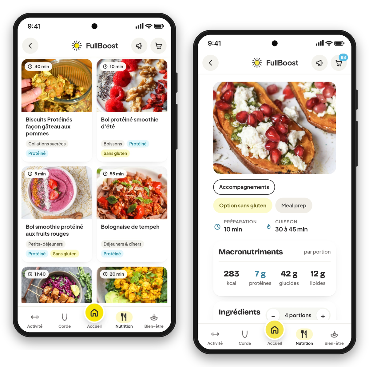 La grille de recettes et une fiche recette dans l'appli