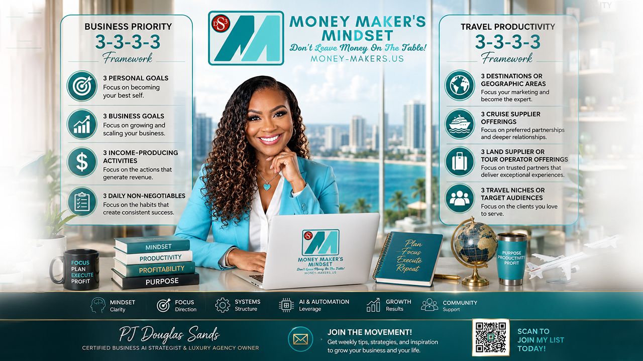 PJ Douglas Sands teaching the MoneyMaker's Mindset 3-3-3-3 Framework for entrepreneurs and travel advisors seeking greater productivity, focus, accountability, and business growth.
