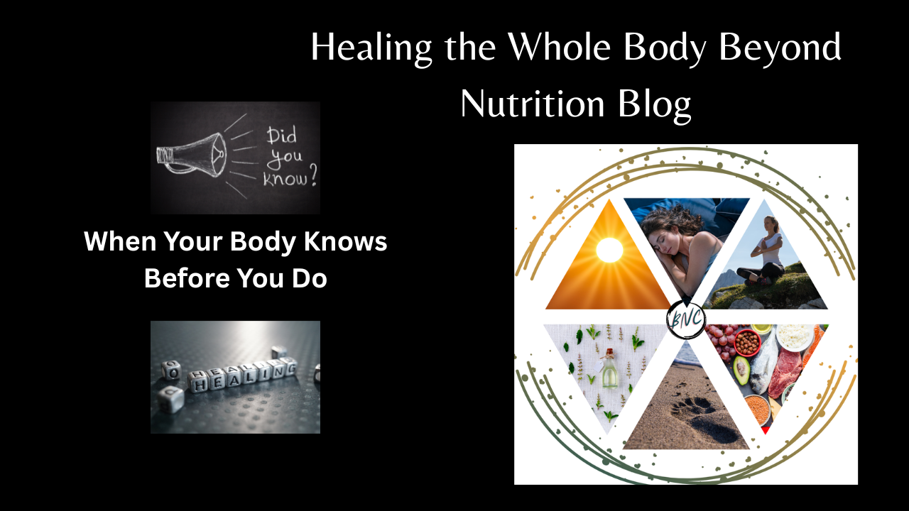 Holistic healing and body awareness visual for Beyond Nutrition Community blog showing healing dice, mindfulness, nutrition, rest, and emotional connection.
