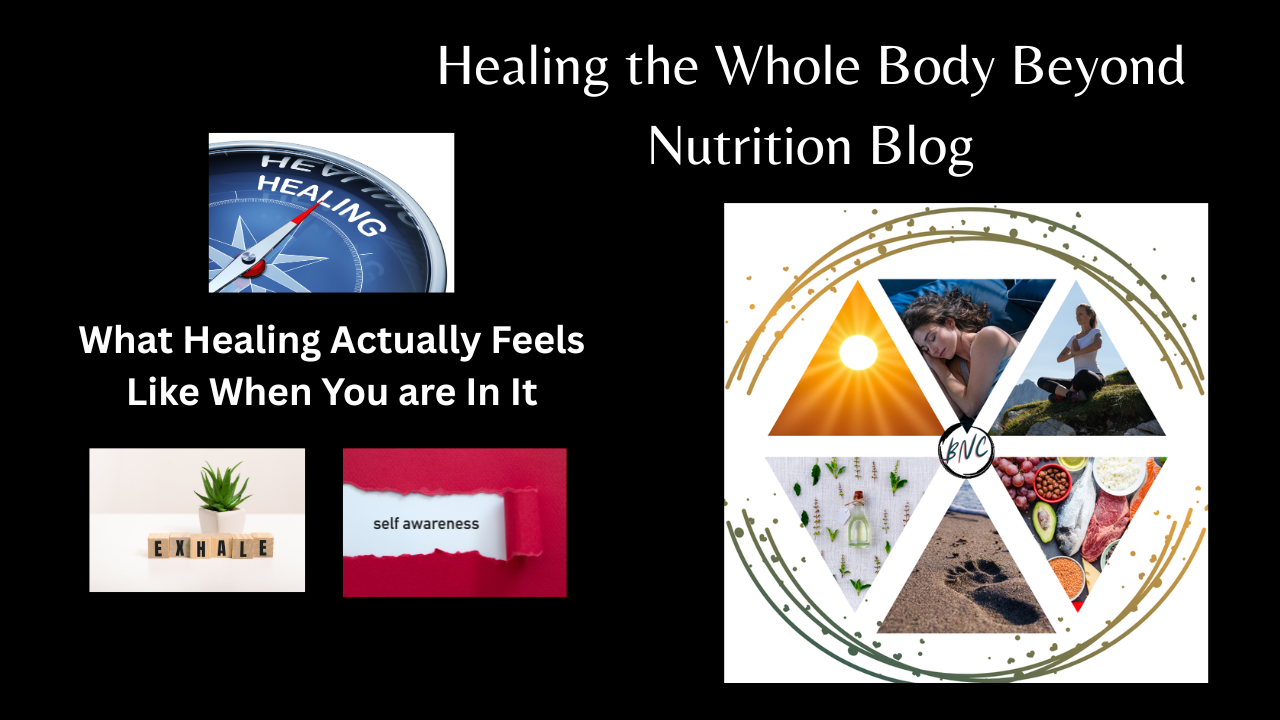 Holistic healing and self‑awareness visual for Beyond Nutrition Community blog showing compass labeled healing, mindfulness, nutrition, rest, and emotional growth.