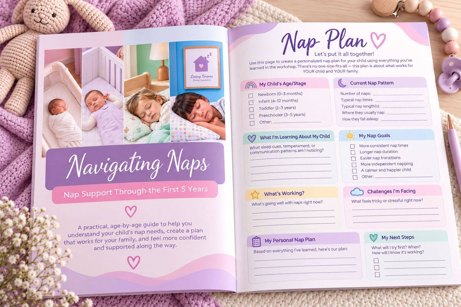 Navigating Naps workbook and nap plan worksheet flatlay