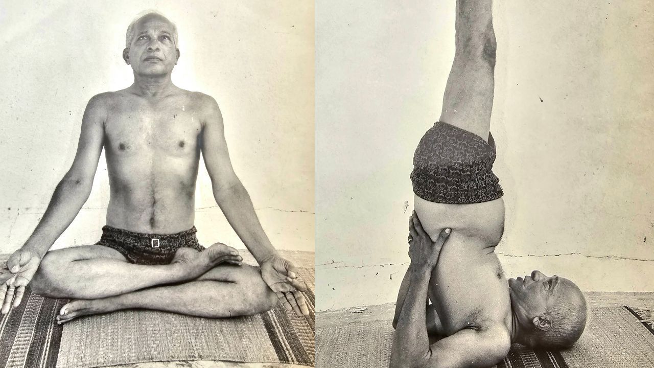 Yoga teacher's grandfather practicing traditional padmasana and shoulderstand, third generation yoga lineage