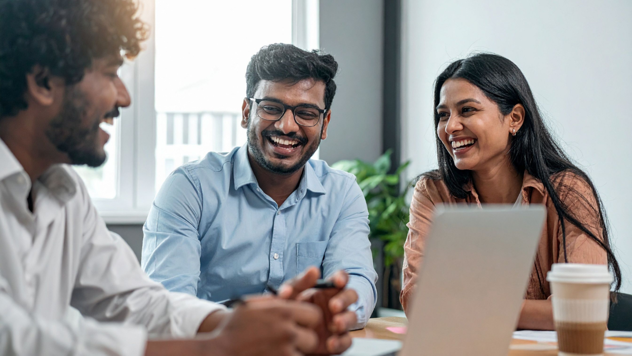 Meeting with 3 people laughing