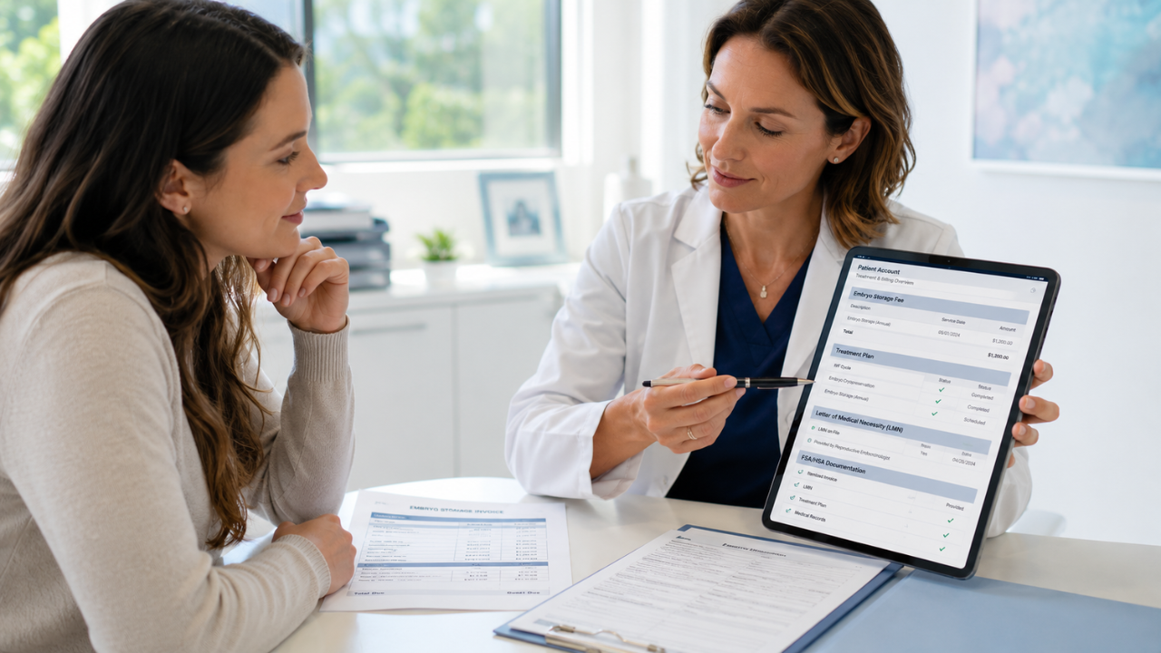 Fertility specialist discussing embryo storage costs, treatment plan, and FSA/HSA documentation with a patient