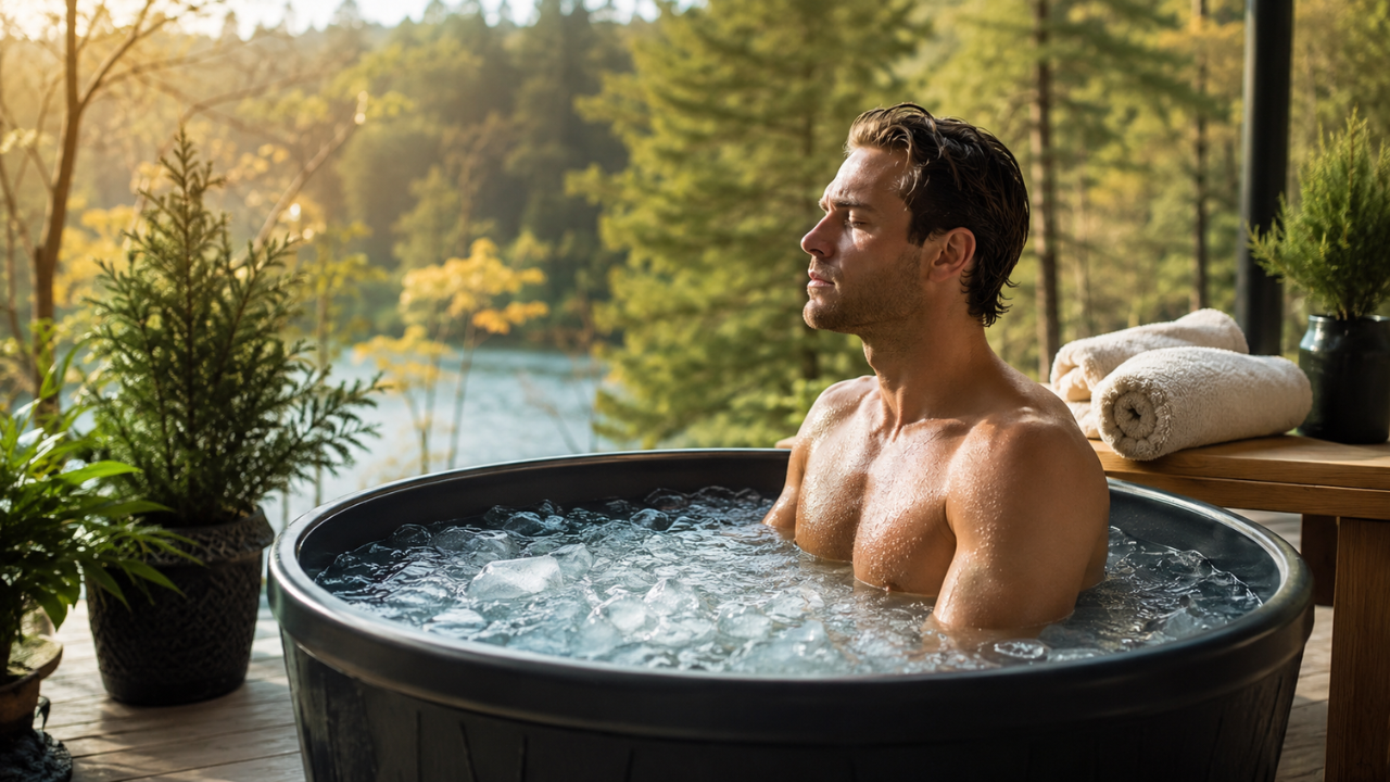 Man using an outdoor cold plunge for recovery and reproductive wellness support.