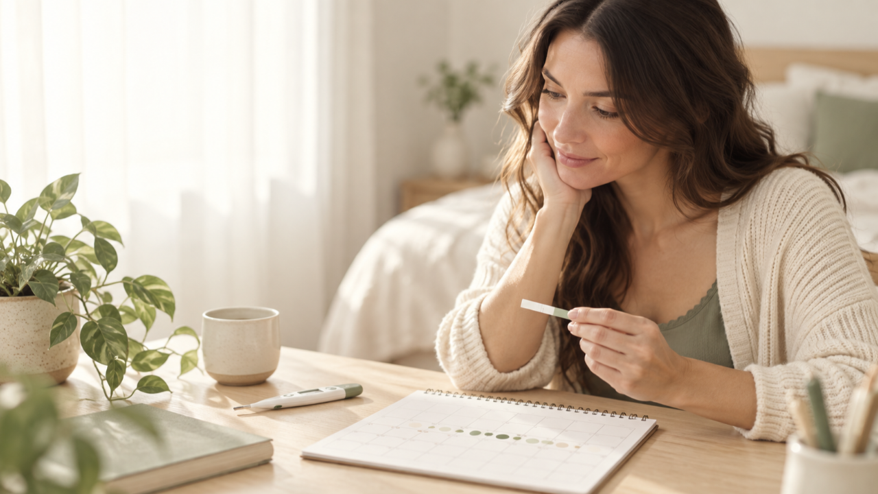 Woman checking an ovulation test while tracking her fertile window on a cycle calendar.