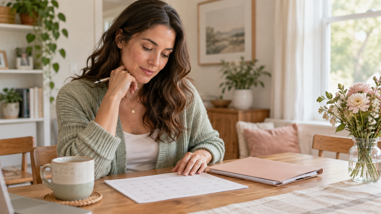 Woman reviewing a menstrual cycle calendar at home while considering when to get fertility testing.