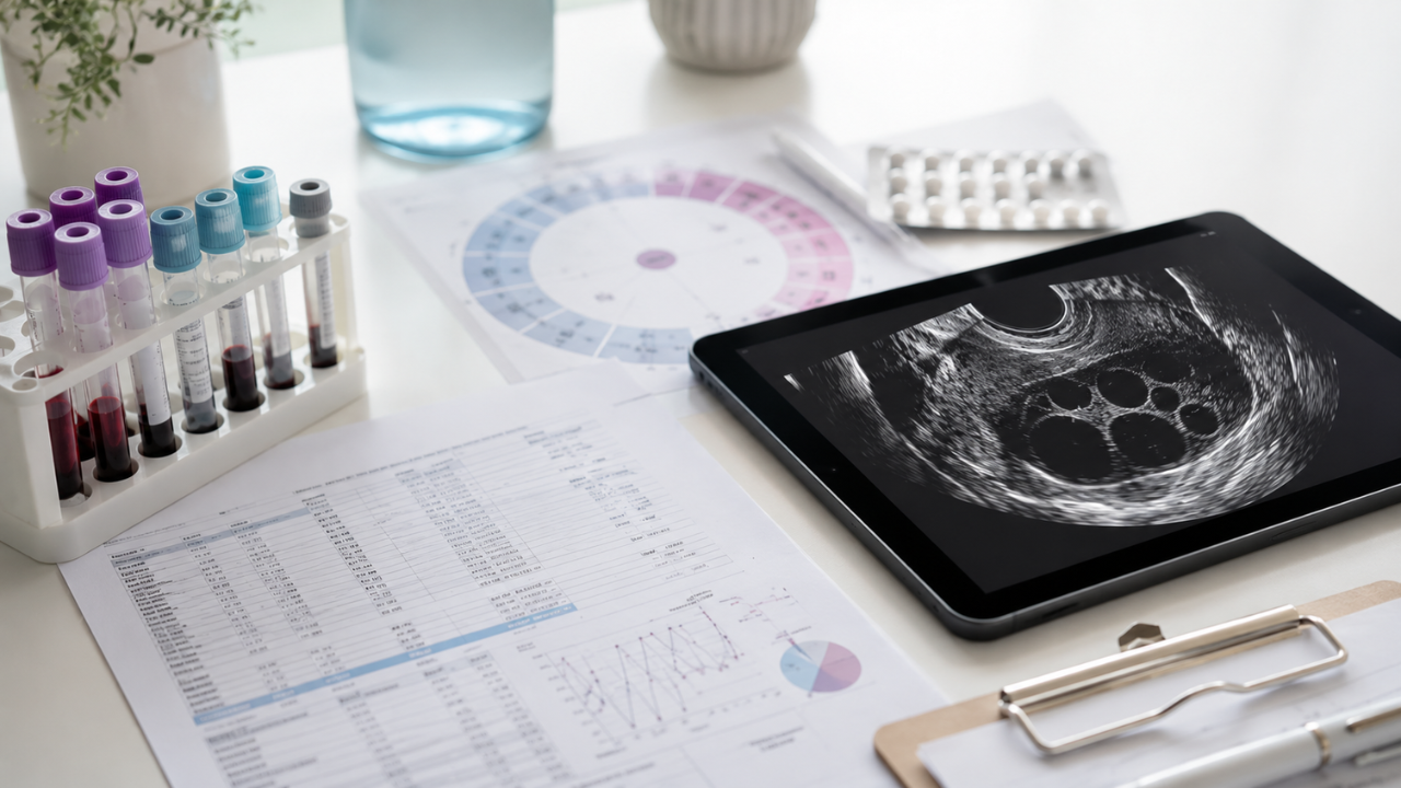 Fertility testing evaluation with blood test samples, ultrasound scan, and laboratory reports