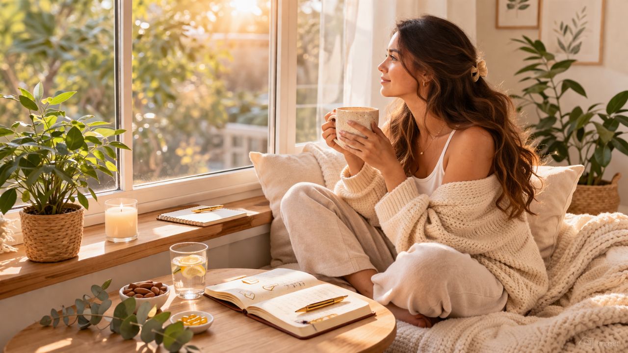 woman relaxing by window with tea and journal supporting fertility wellness and healthy lifestyle