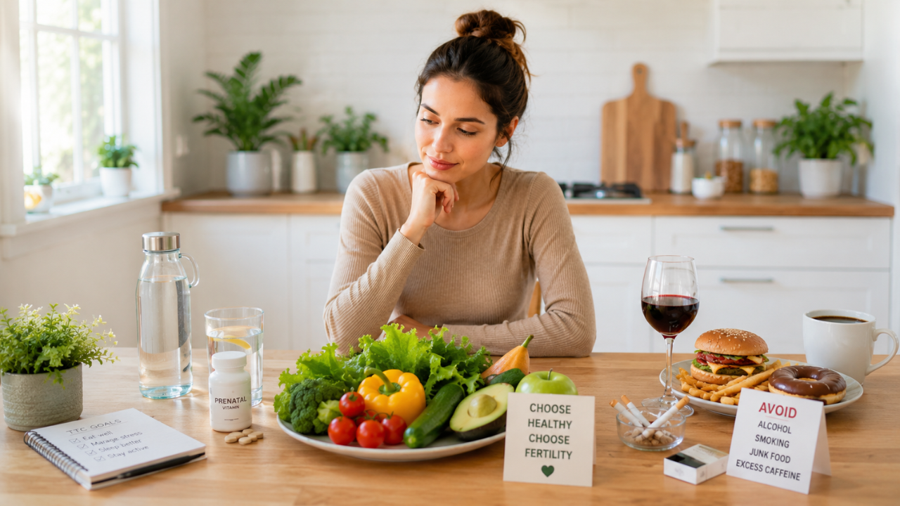 Woman considering healthy lifestyle choices and habits to avoid when trying to conceive.