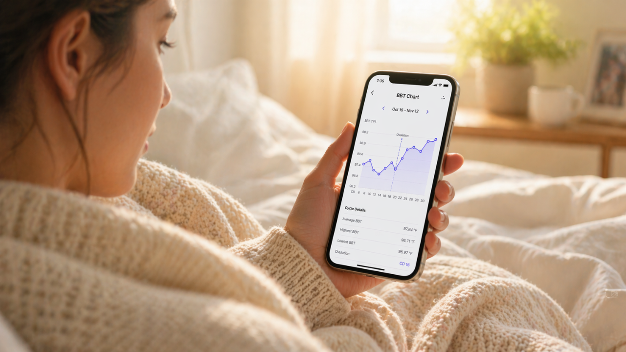 Woman in bed checking basal body temperature chart on smartphone during morning fertility tracking 