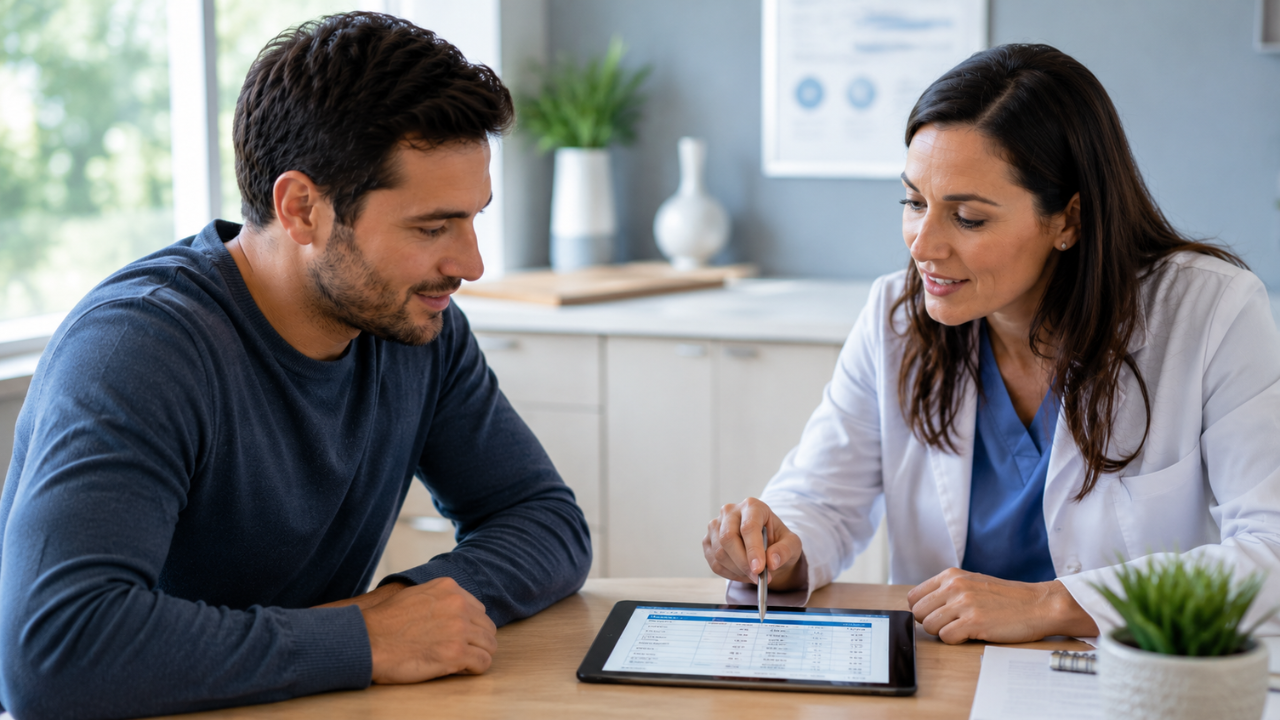Fertility specialist discussing semen analysis report with male patient