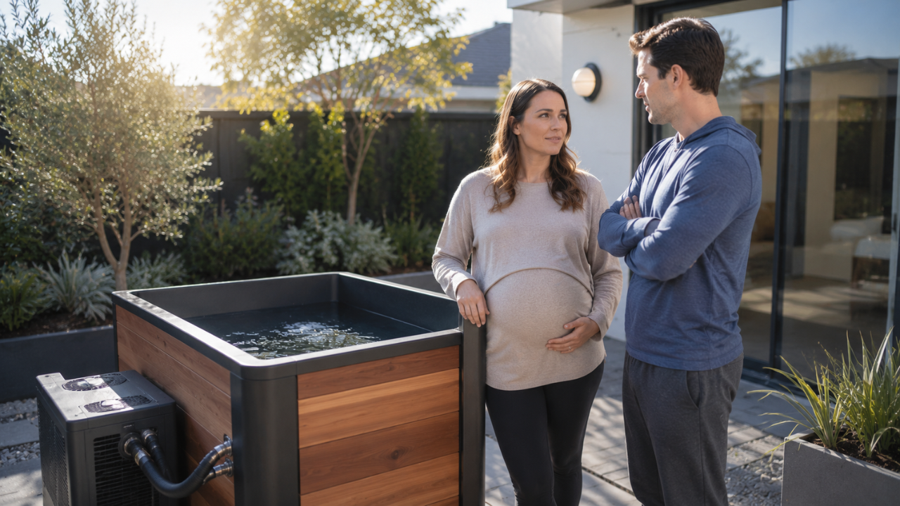 Pregnant woman standing beside a modern cold plunge tub while discussing cold plunge safety with her partner