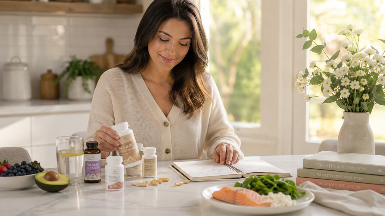 Woman sitting at a table with fertility supplements, healthy food, and a journal