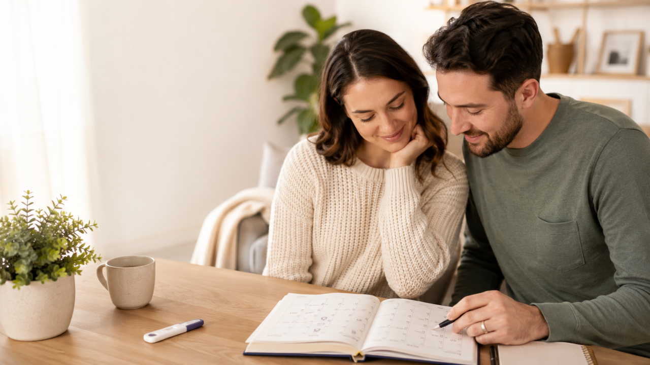 Couple tracking fertility goals and cycle dates in a planner at home