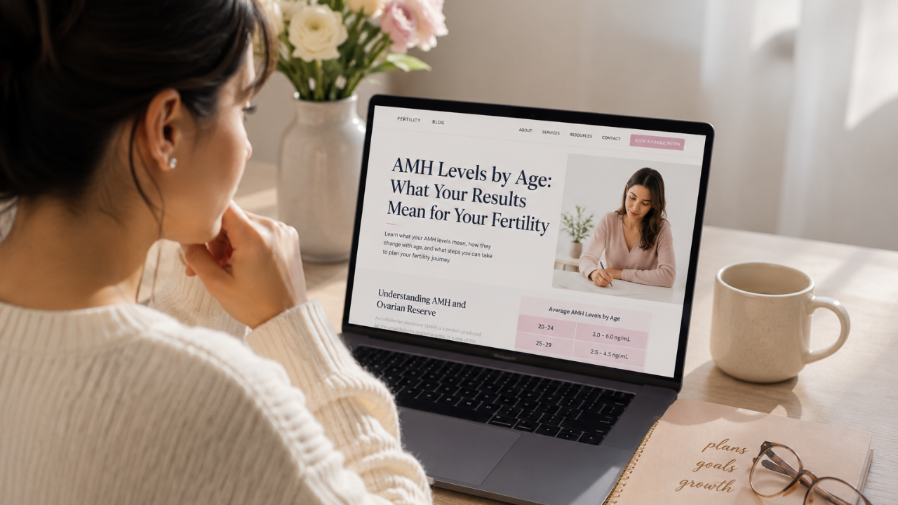 Woman reviewing an online article about AMH levels by age and what the results mean for fertility.