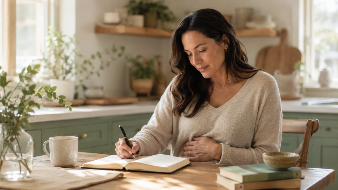 Calm woman journaling at home after an endometriosis diagnosis, representing endometriosis and fertility awareness.