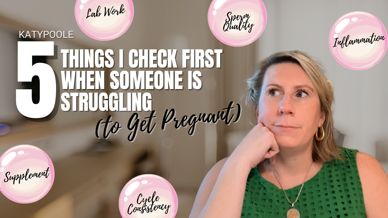 Struggling to get pregnant infographic showing 5 key fertility checks including hormones, cycle health, and sperm quality