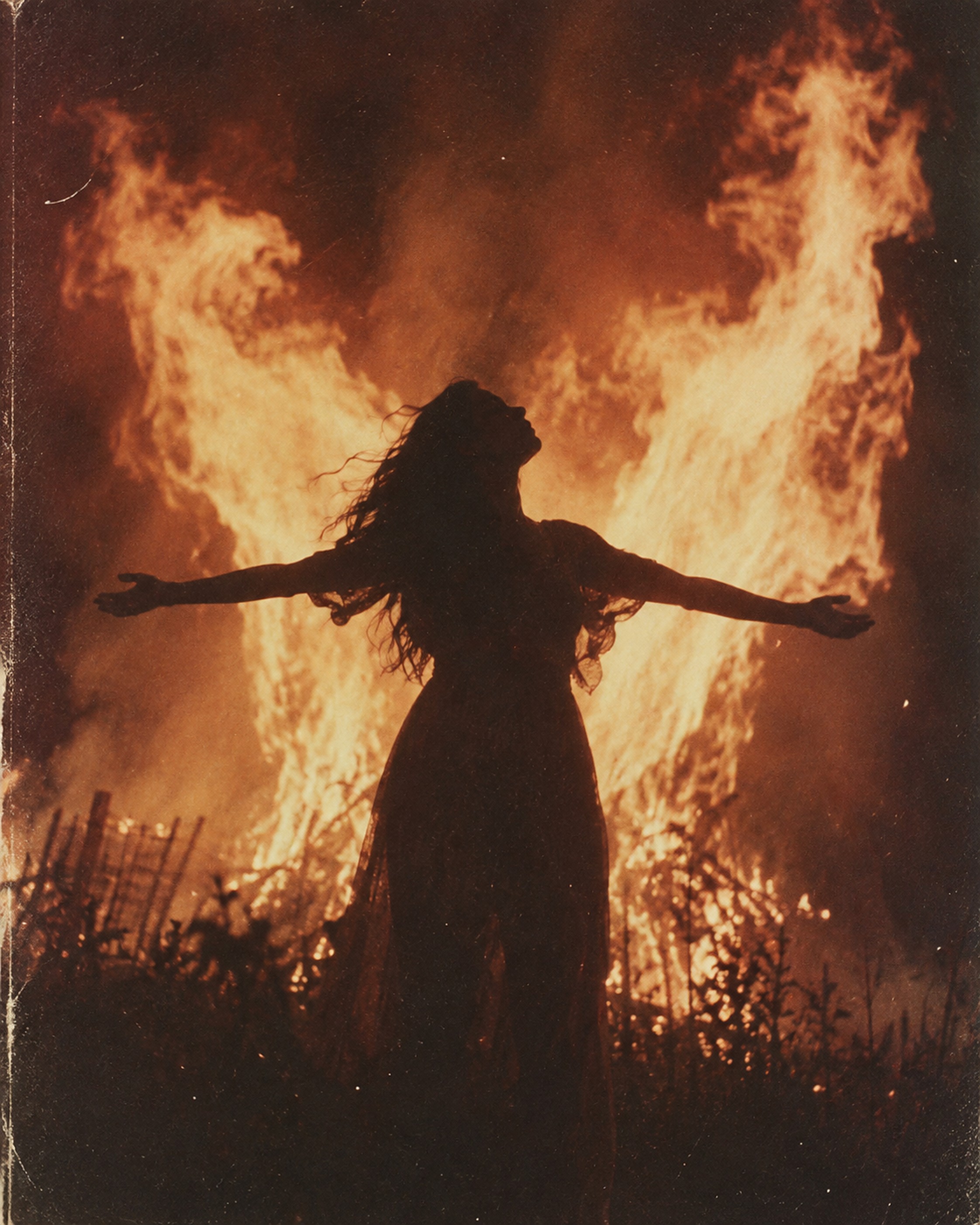 A woman with her arms out in front of flames
