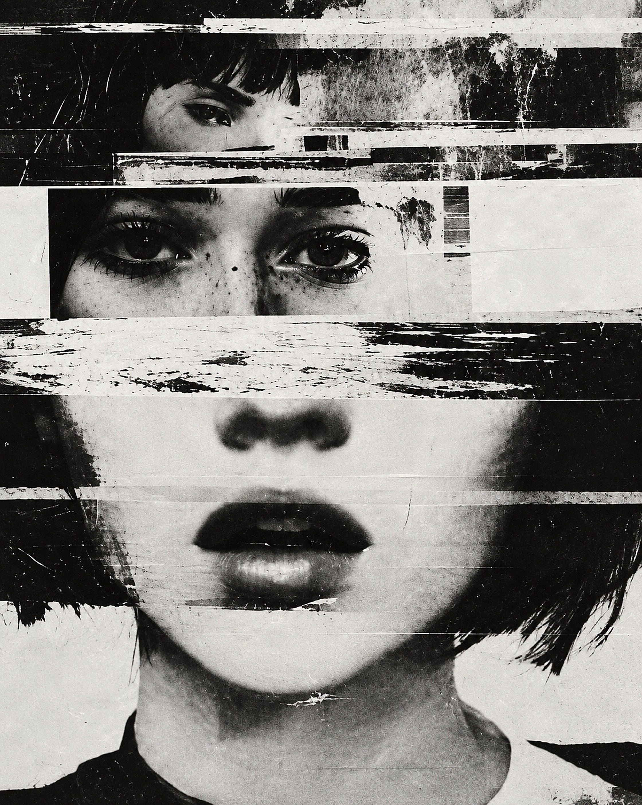 A sliced collage of a woman's face