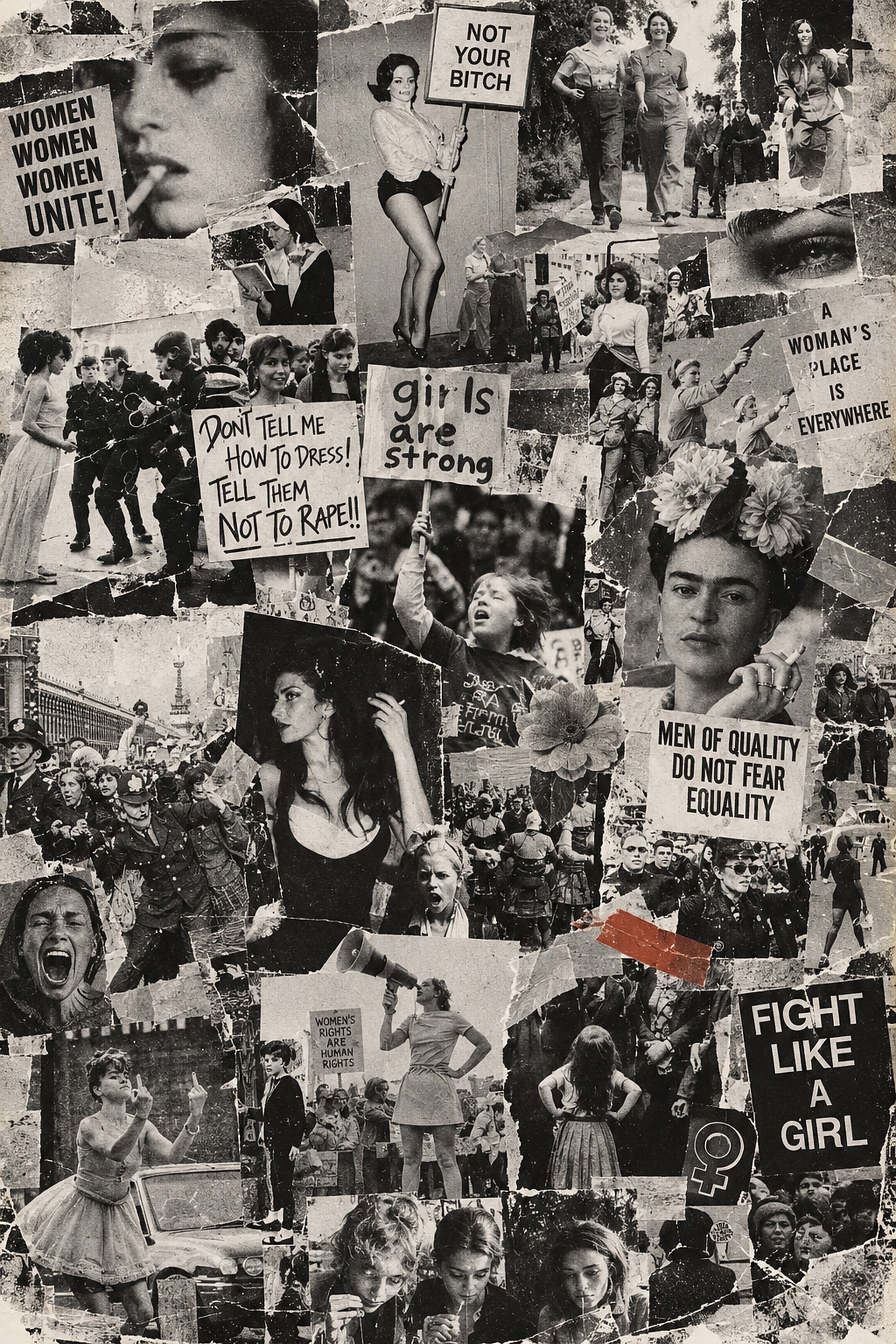 A collage of women protesting, with placards