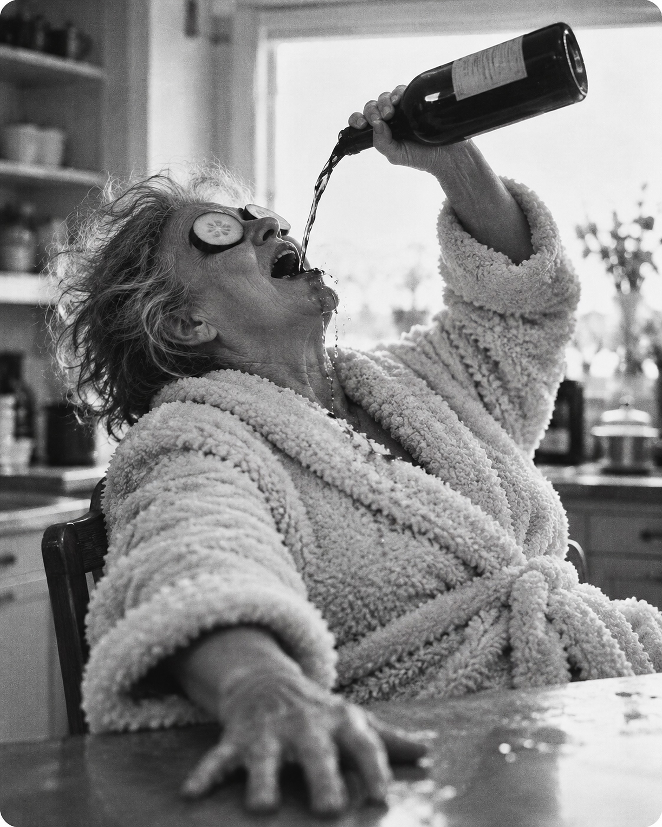 A woman drinking wine straight from the bottle