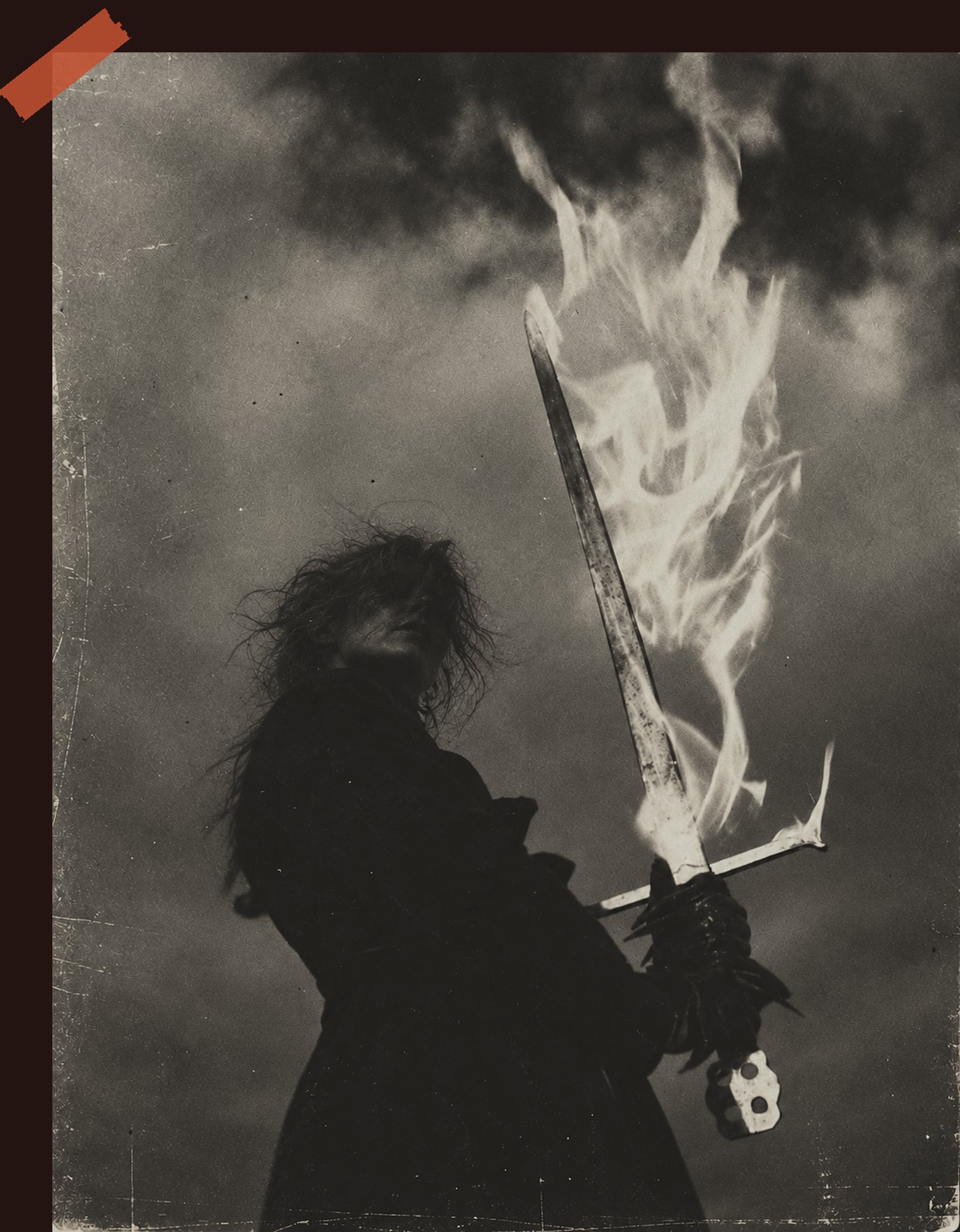 A figure holding a burning sword