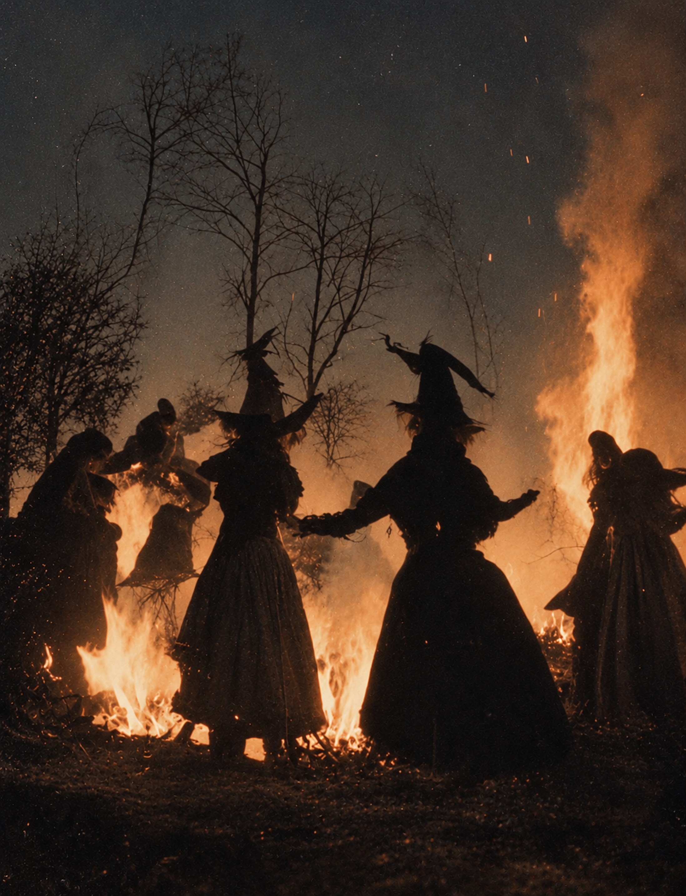 Figures around a fire at night