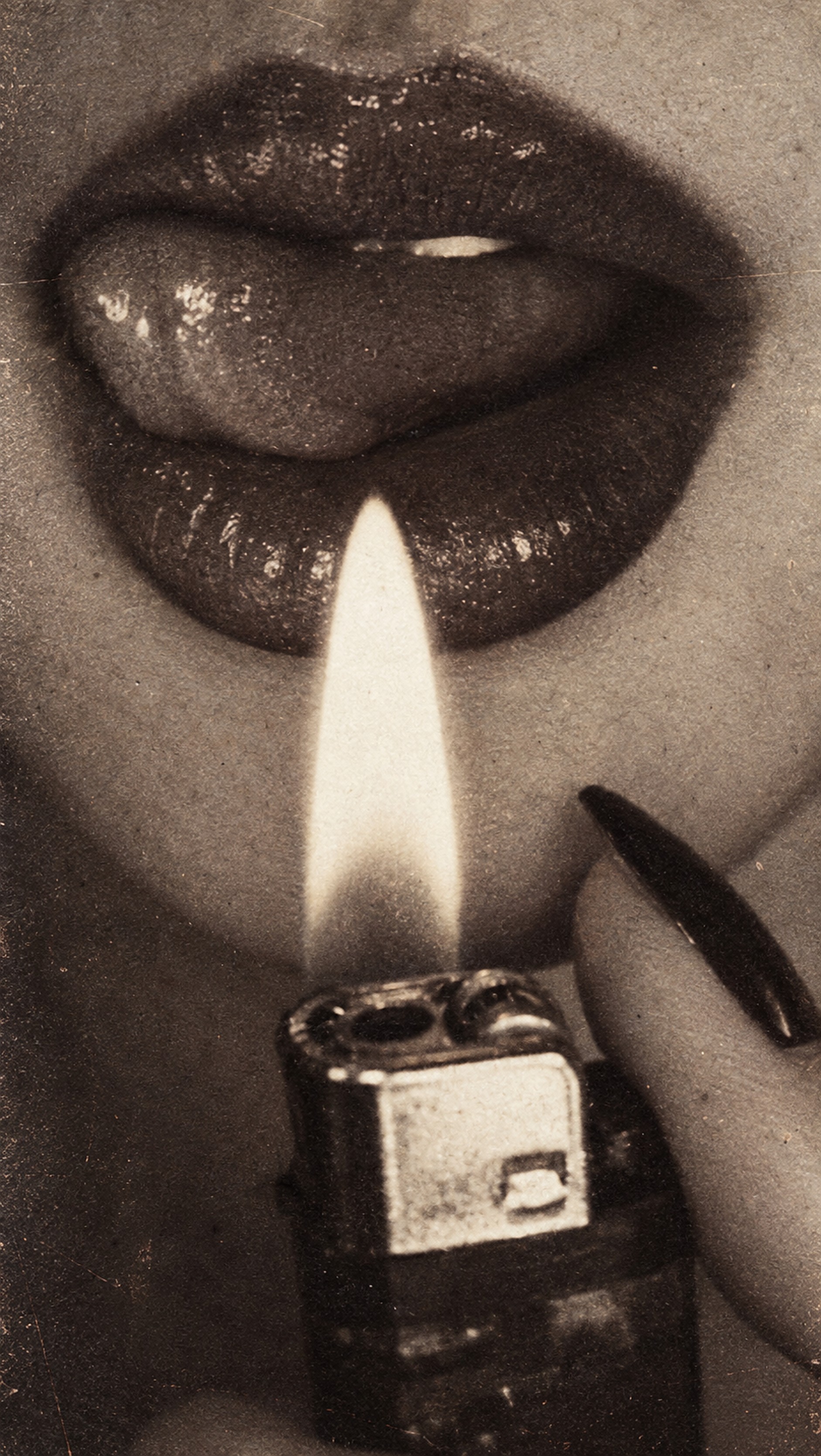 Red lips and a lit lighter