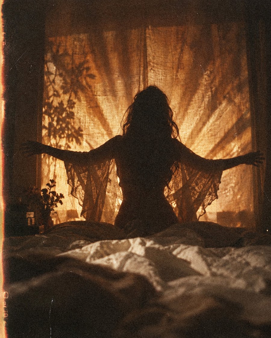 A woman silhouetted against a glowing window